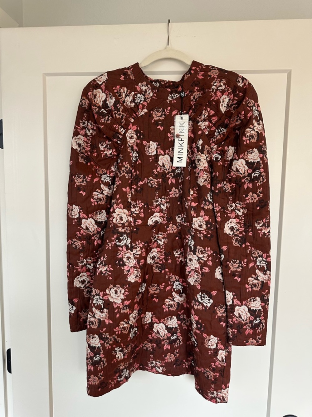 MINKPINK Brown Floral Short Dress with Pink & Cream Roses